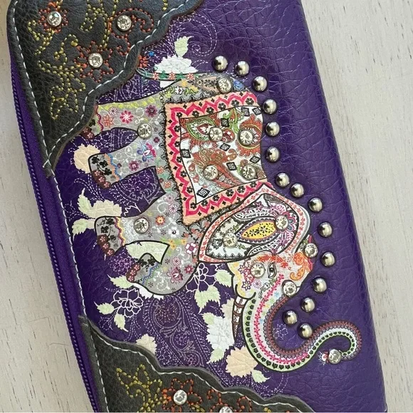 Purple Western Style Studded Wallet Bohemian Elephant Double Zipper Wristlet New - Picture 6 of 11